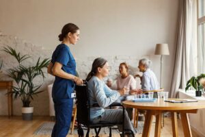 Older resident speaking with a family member in a bright assisted living common room.